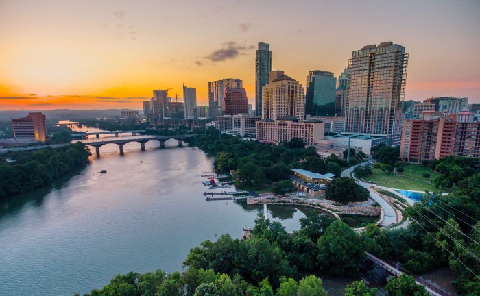 Aerial Drone view above Austin Texas USA Afternoon Sunset Lady Bird ... Austin trending retirement destination usa
