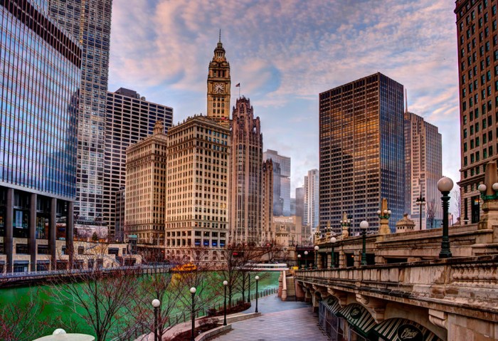 Chicago skyline from Riverwalk - Spudart Chicago the bear restaurants river north